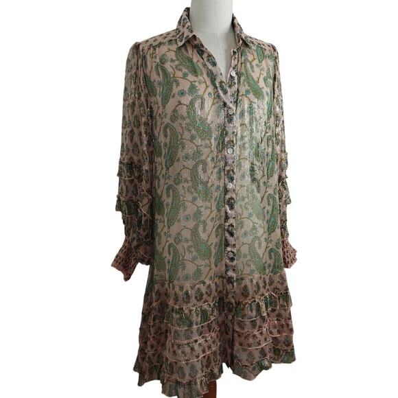 Miss June Paris Tiered Ruffle Metallic Shirt Dress One Size Sheer Button Up Boho - Picture 6 of 12